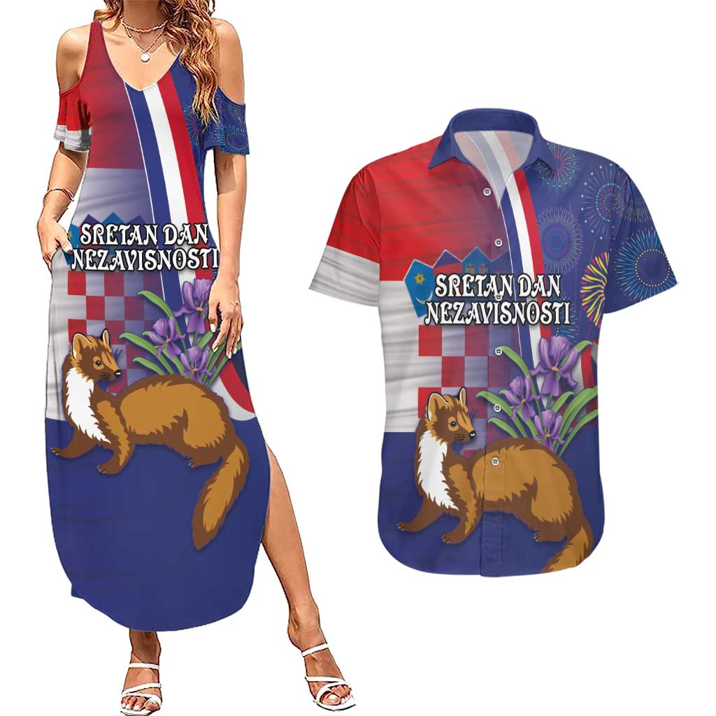 Personalised Croatia Independence Day Couples Matching Summer Maxi Dress and Hawaiian Shirt Sretan Dan nezavisnosti With Kuna Zlatica and Perunika