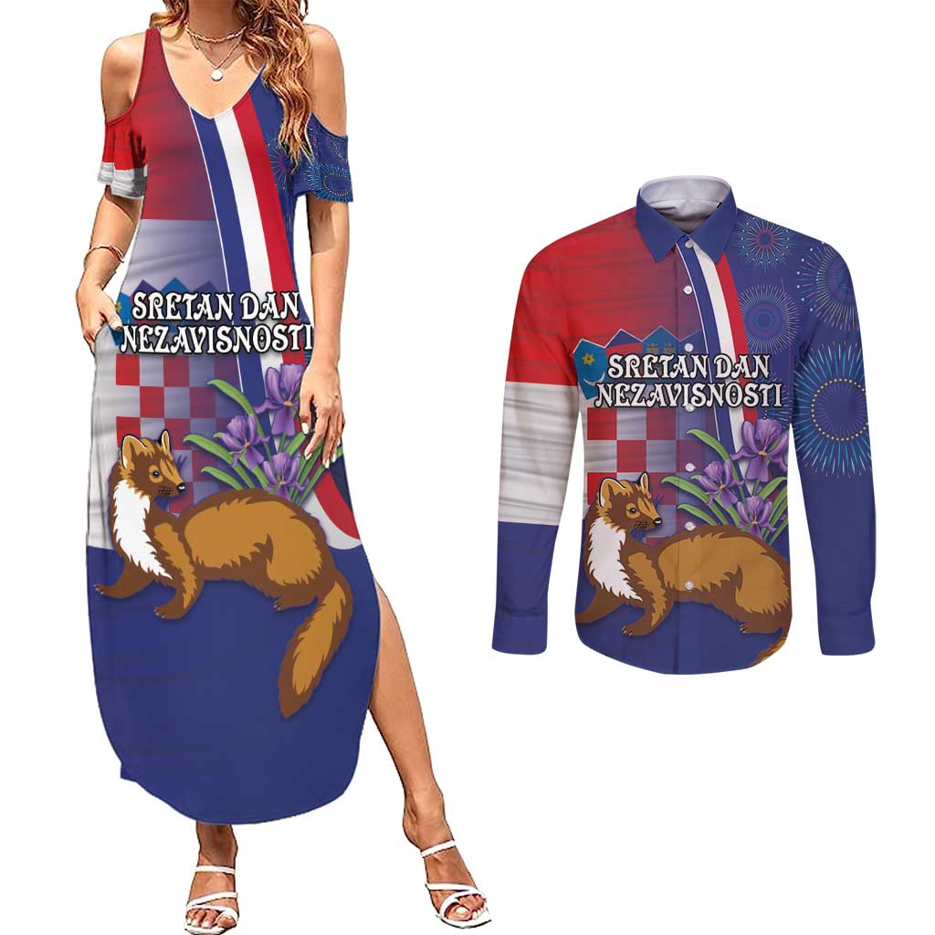 Personalised Croatia Independence Day Couples Matching Summer Maxi Dress and Long Sleeve Button Shirt Sretan Dan nezavisnosti With Kuna Zlatica and Perunika