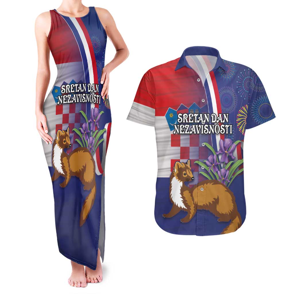 Personalised Croatia Independence Day Couples Matching Tank Maxi Dress and Hawaiian Shirt Sretan Dan nezavisnosti With Kuna Zlatica and Perunika