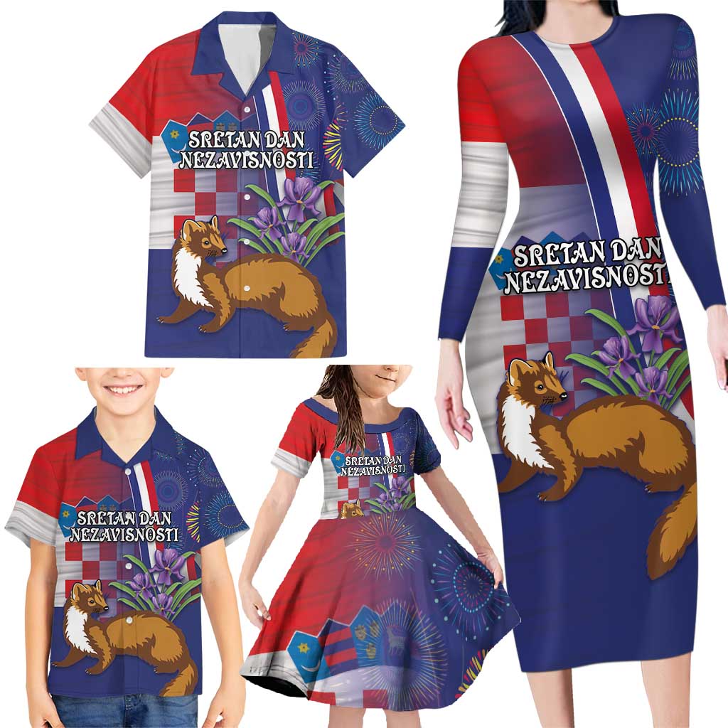 Personalised Croatia Independence Day Family Matching Long Sleeve Bodycon Dress and Hawaiian Shirt Sretan Dan nezavisnosti With Kuna Zlatica and Perunika - Wonder Print Shop