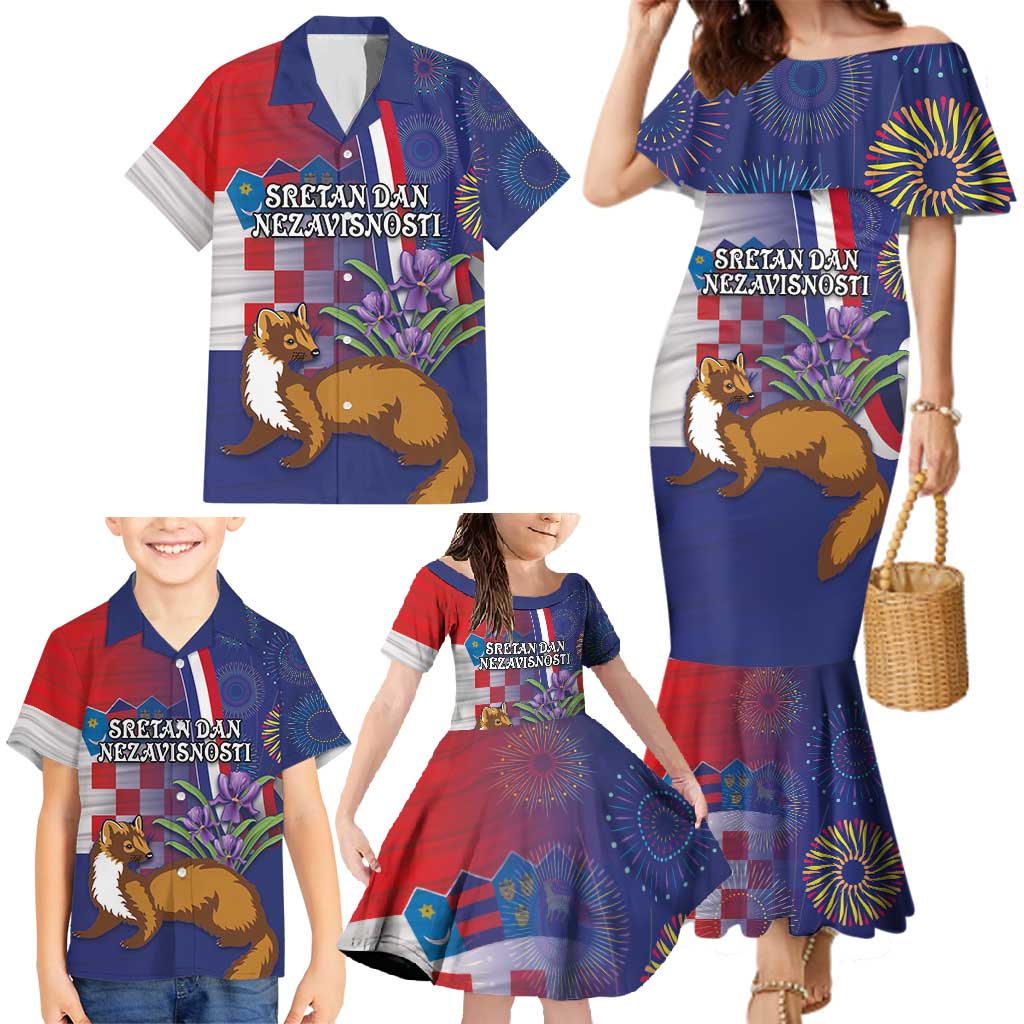 Personalised Croatia Independence Day Family Matching Mermaid Dress and Hawaiian Shirt Sretan Dan nezavisnosti With Kuna Zlatica and Perunika - Wonder Print Shop