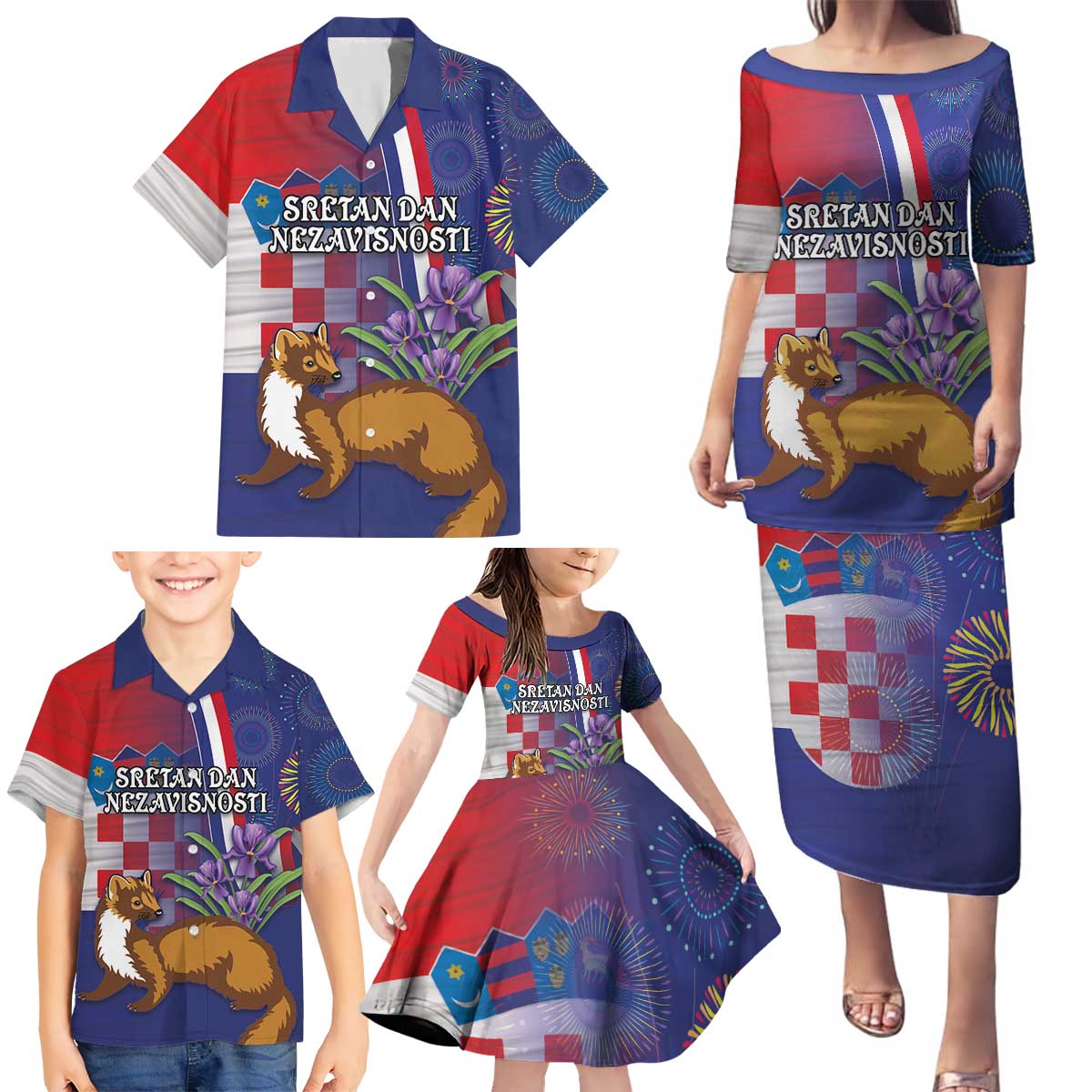 Personalised Croatia Independence Day Family Matching Puletasi and Hawaiian Shirt Sretan Dan nezavisnosti With Kuna Zlatica and Perunika - Wonder Print Shop