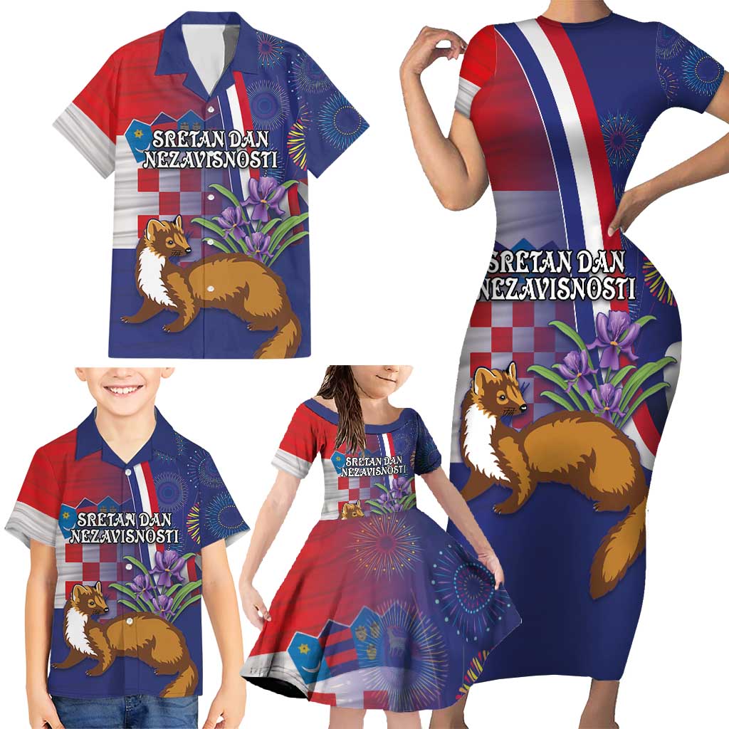 Personalised Croatia Independence Day Family Matching Short Sleeve Bodycon Dress and Hawaiian Shirt Sretan Dan nezavisnosti With Kuna Zlatica and Perunika - Wonder Print Shop