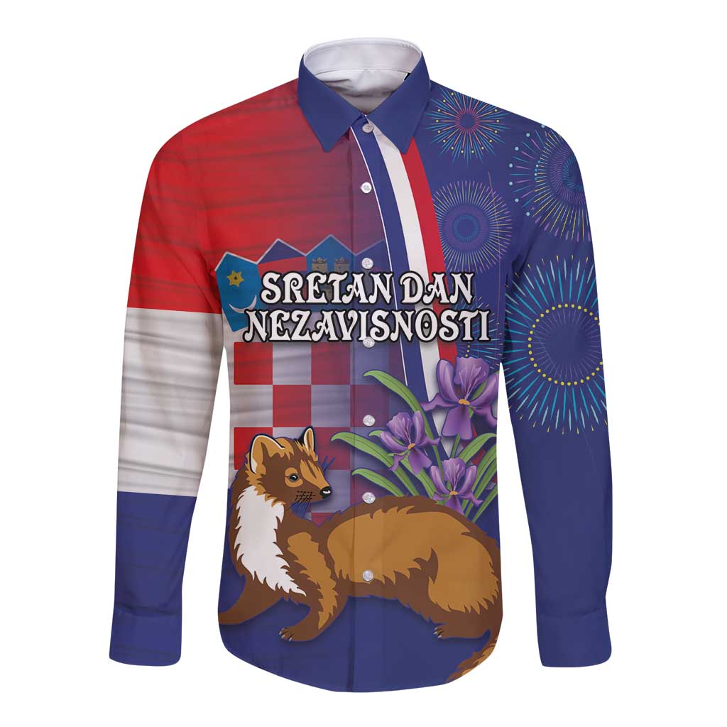 Blue long-sleeve button shirt with front graphic 'SRETAN DAN NEZAVISNOSTI' and marten