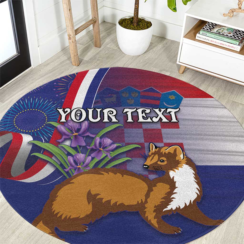 Personalized round blue area rug with red-white stripes, flowers, and animal graphic