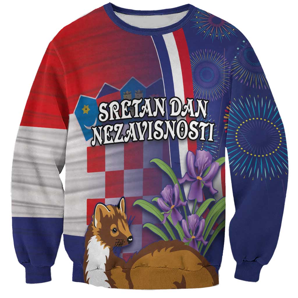 Unisex sweatshirt, blue sleeves, red/white front graphic with dog and flowers