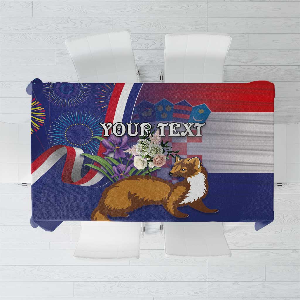 Blue tablecloth with colorful patriotic graphic and 'YOUR TEXT' banner across center