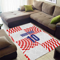 White area rug with red checkered trim and blue "YOUR TEXT" 10 centerpiece