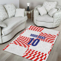 White area rug with red checkered corners and blue "YOUR TEXT" 10 graphic