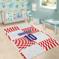 White rug with red checker patchwork and blue "YOUR TEXT" 10 layout