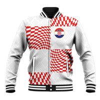 White baseball jacket with red checkered panels, front buttons, Croatian crest