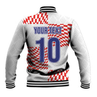 White baseball jacket back with red checkered pattern, 'YOUR TEXT' and number 10