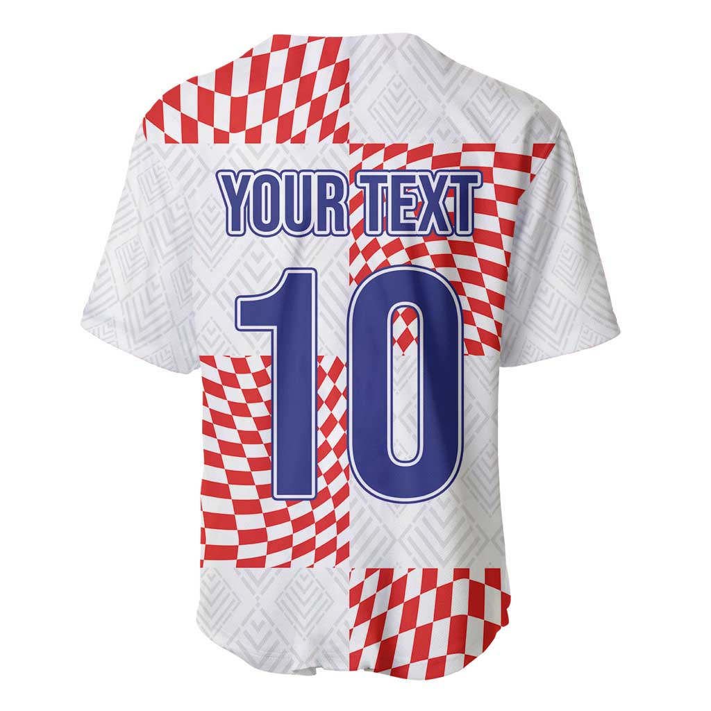 Baseball jersey, white with red checkered panels; back number 10 with blue crest