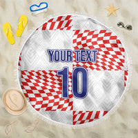 Round beach blanket with fringe edge, red/white checks, 'YOUR TEXT' and 10