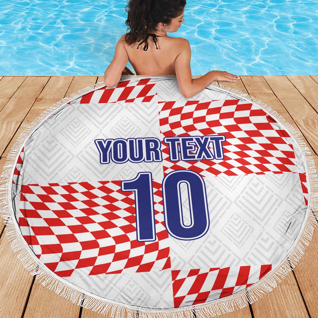 Circular beach blanket with fringe edge, red/white checks, 'YOUR TEXT' and 10