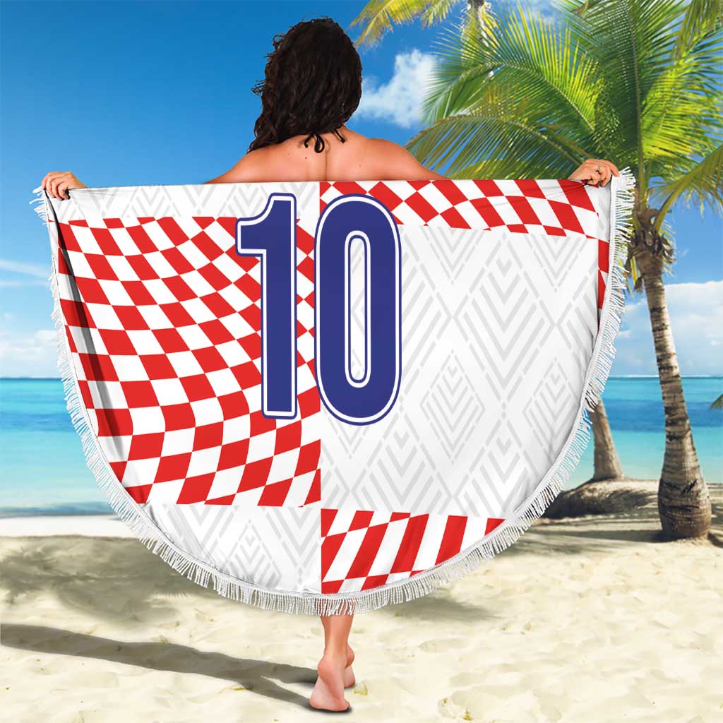 Circular beach blanket with fringe edge, red/white checks, 'YOUR TEXT' and 10