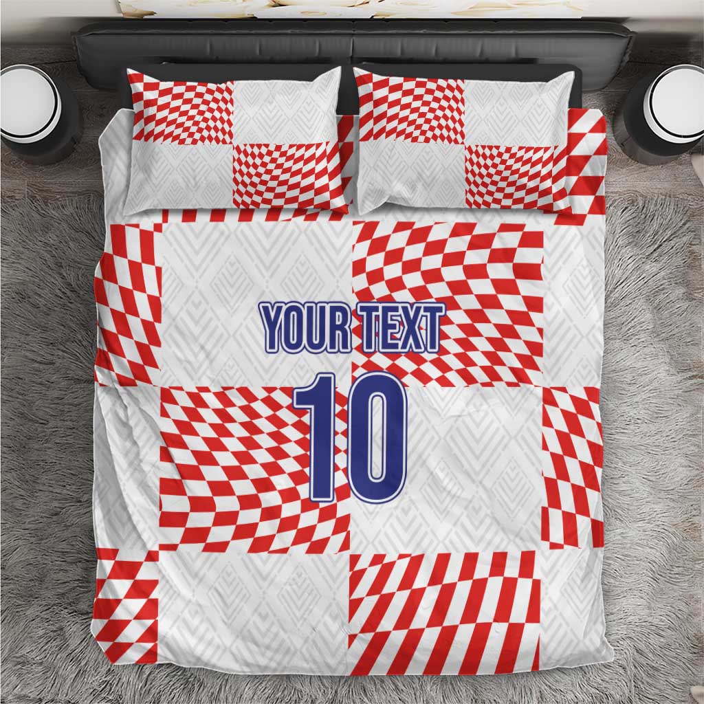 White bedding set with red check blocks, “YOUR TEXT” and number “10” on duvet