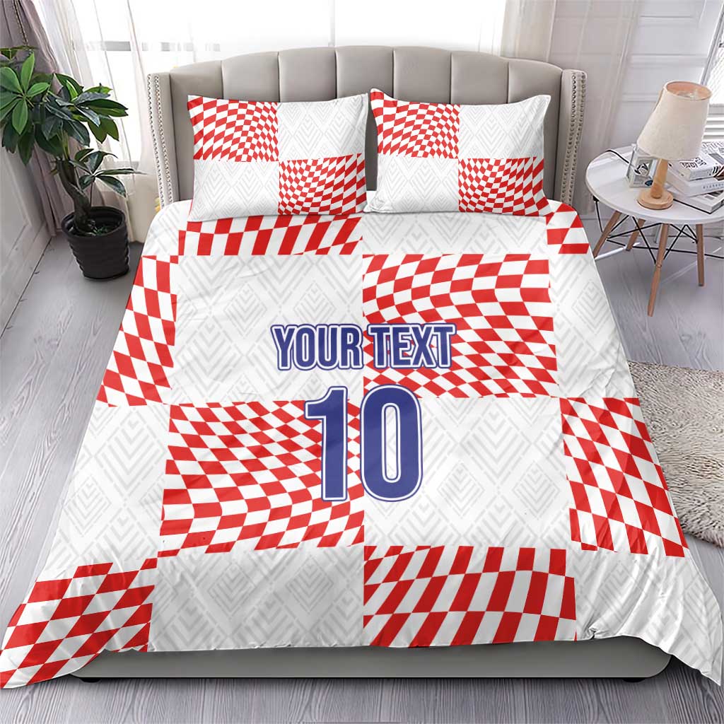 White bedding set with red check pattern, “YOUR TEXT” and number “10” centered