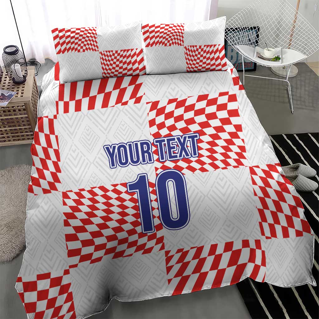 White bedding set with red check pattern, “YOUR TEXT” and large number “10” design
