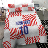 White bedding set with red check pattern, “YOUR TEXT” and large number “10” design