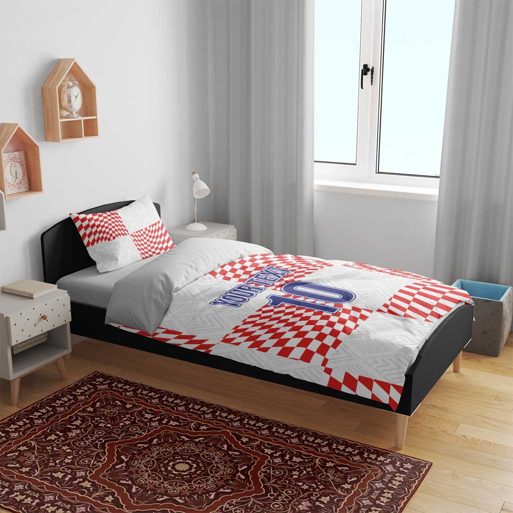 White and red check bedding set with “YOUR TEXT” and number “10” on bedspread