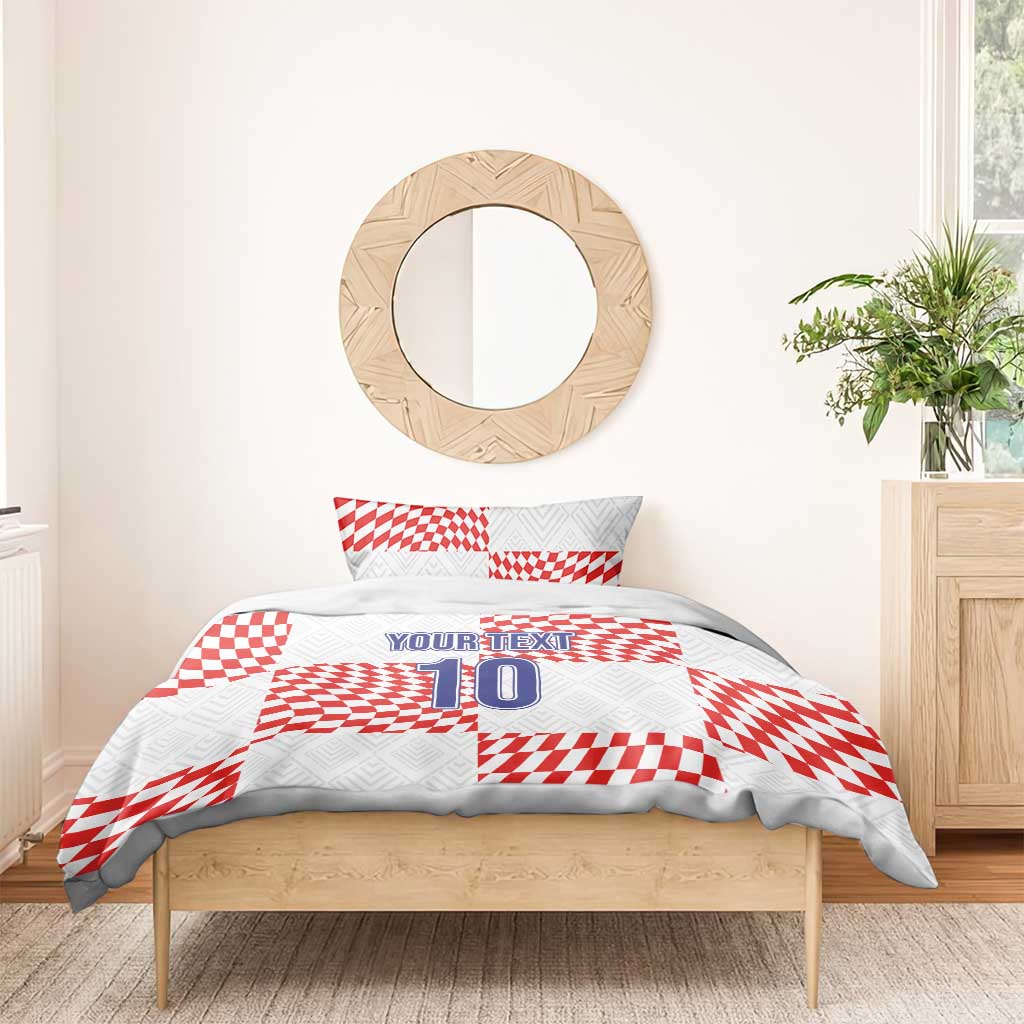 White bedding set with red check pattern and “YOUR TEXT” number “10” on duvet