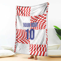 Custom football blanket with red-and-white checkered pattern, “YOUR TEXT” and number 10