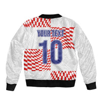 White bomber jacket back with red checks, 'YOUR TEXT' and number 10 graphic, ribbed hem