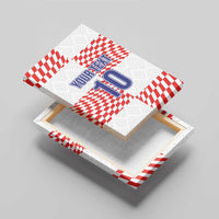 Angled stretched canvas wall art with blue YOUR TEXT, number 10, red-and-white checkers
