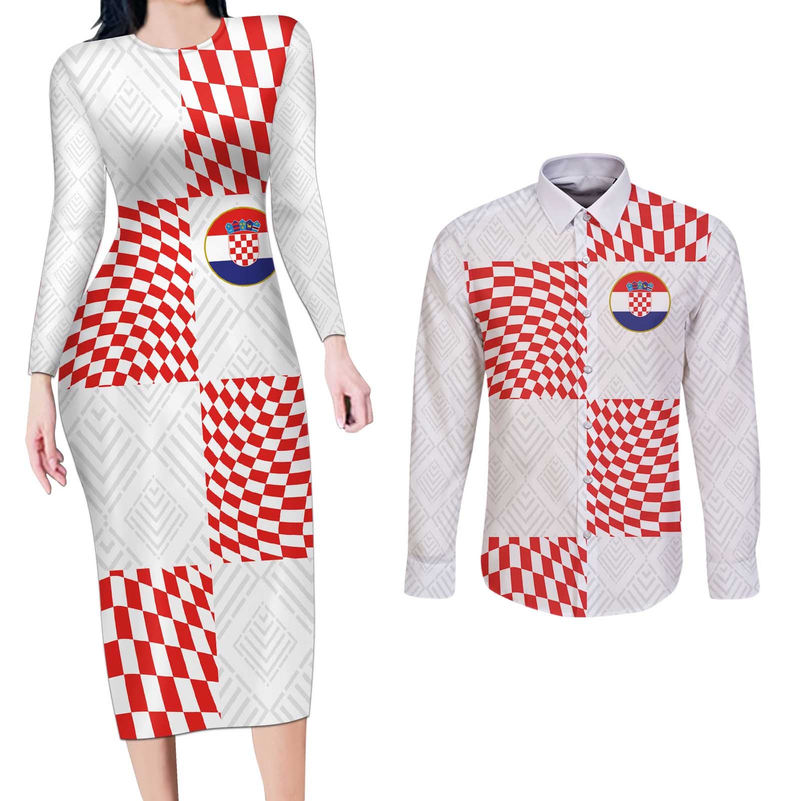 Custom Croatia Football Champion 2024 Couples Matching Long Sleeve Bodycon Dress and Long Sleeve Button Shirt