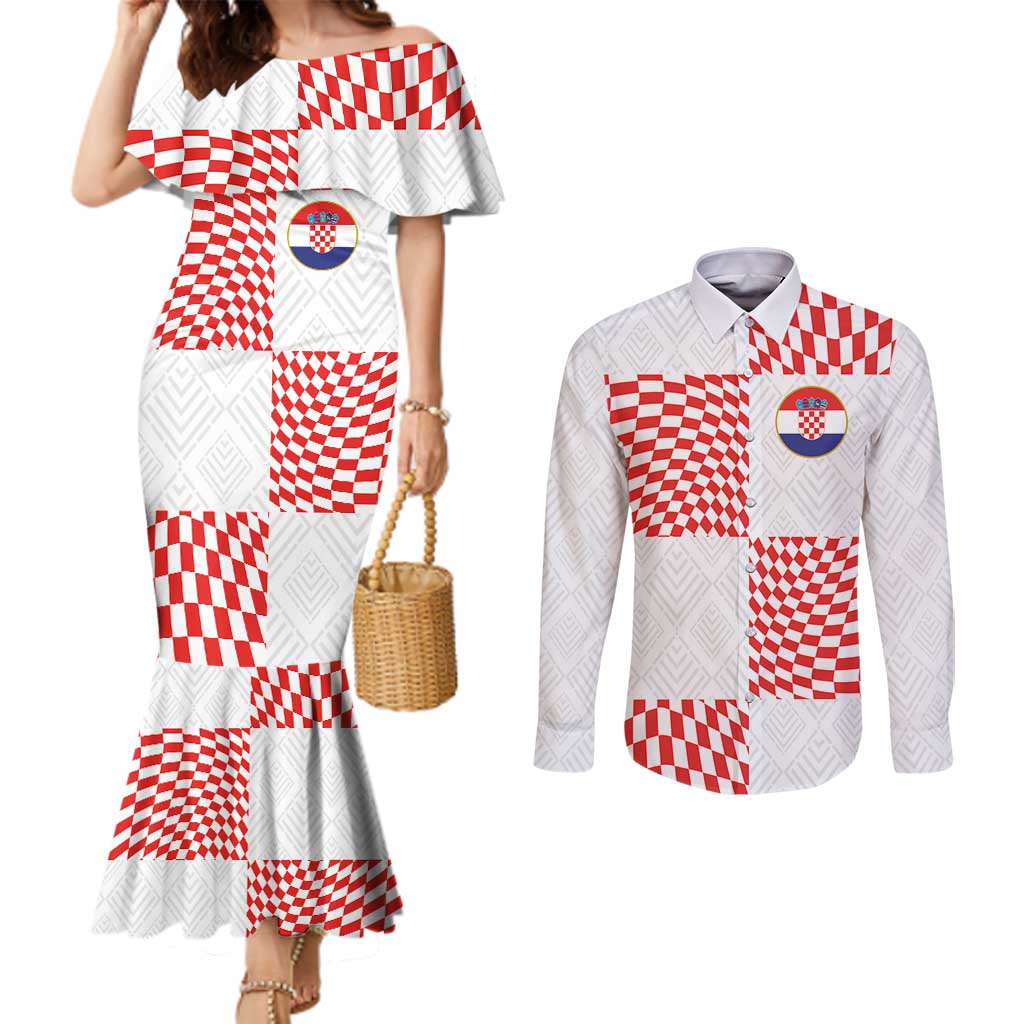 Custom Croatia Football Champion 2024 Couples Matching Mermaid Dress and Long Sleeve Button Shirt