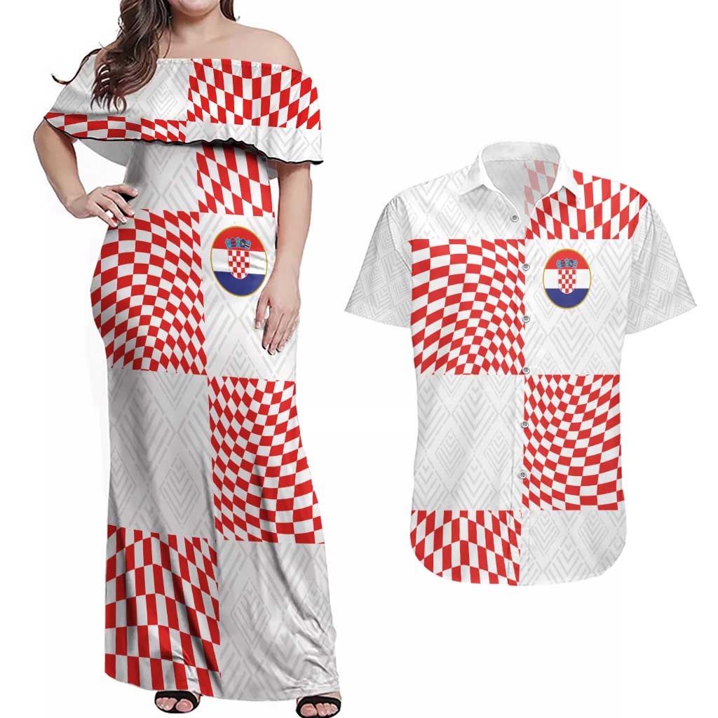 Custom Croatia Football Champion 2024 Couples Matching Off Shoulder Maxi Dress and Hawaiian Shirt