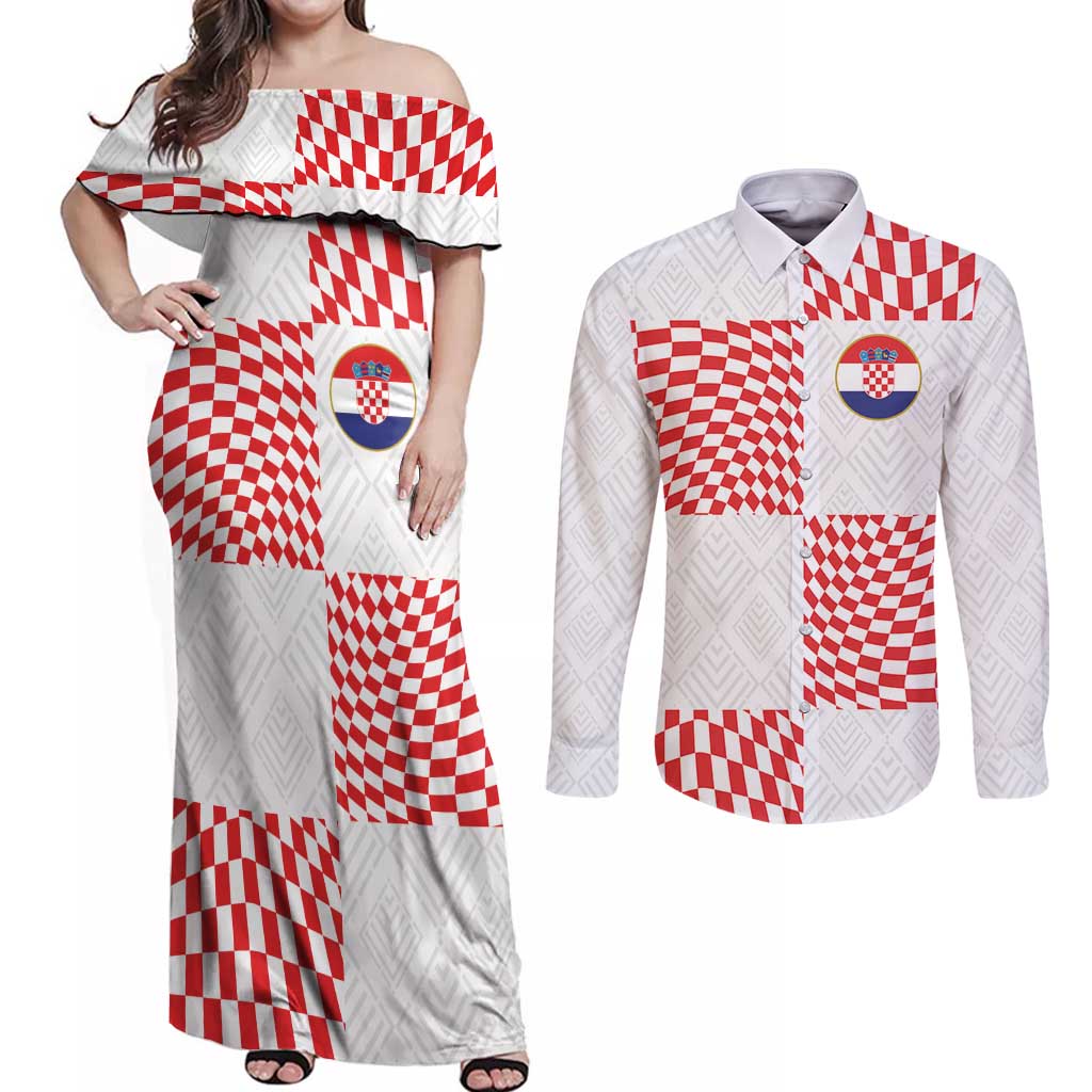 Custom Croatia Football Champion 2024 Couples Matching Off Shoulder Maxi Dress and Long Sleeve Button Shirt