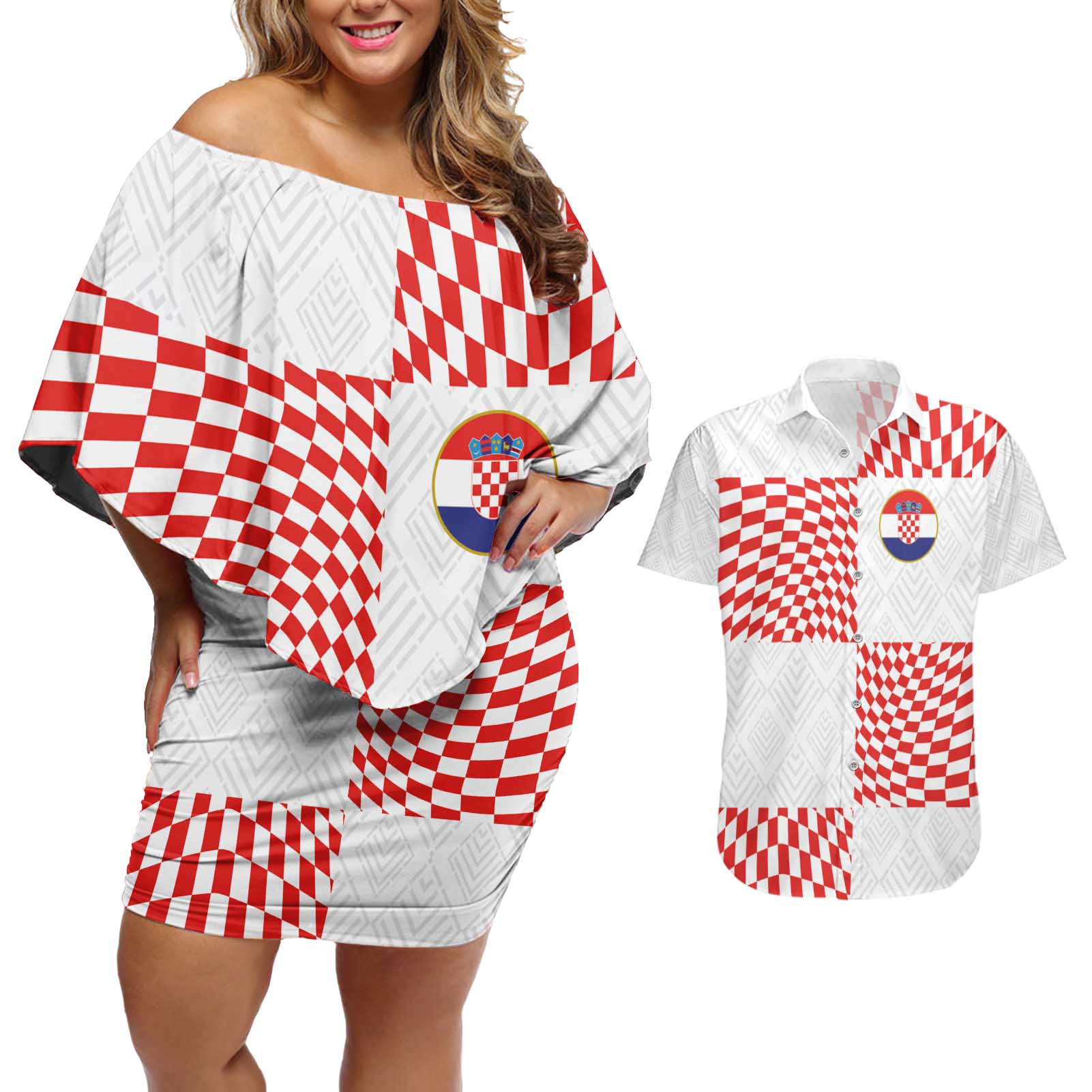 Custom Croatia Football Champion 2024 Couples Matching Off Shoulder Short Dress and Hawaiian Shirt