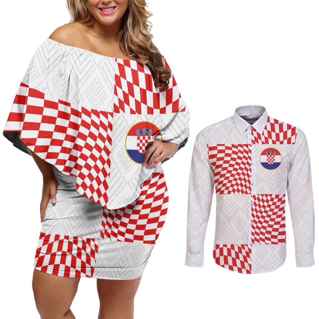 Custom Croatia Football Champion 2024 Couples Matching Off Shoulder Short Dress and Long Sleeve Button Shirt