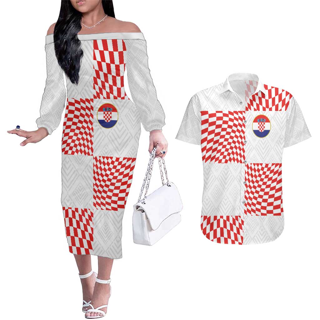 Custom Croatia Football Champion 2024 Couples Matching Off The Shoulder Long Sleeve Dress and Hawaiian Shirt