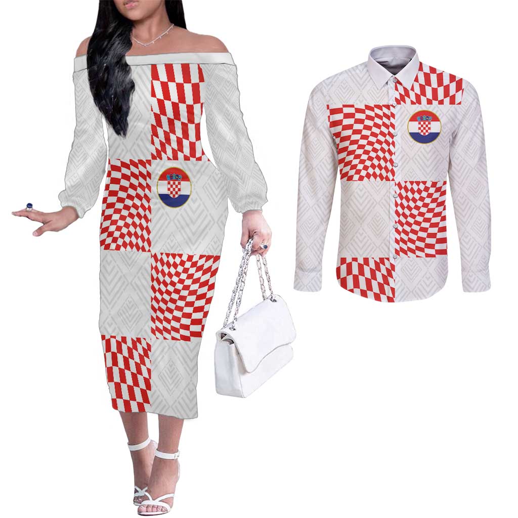 Custom Croatia Football Champion 2024 Couples Matching Off The Shoulder Long Sleeve Dress and Long Sleeve Button Shirt