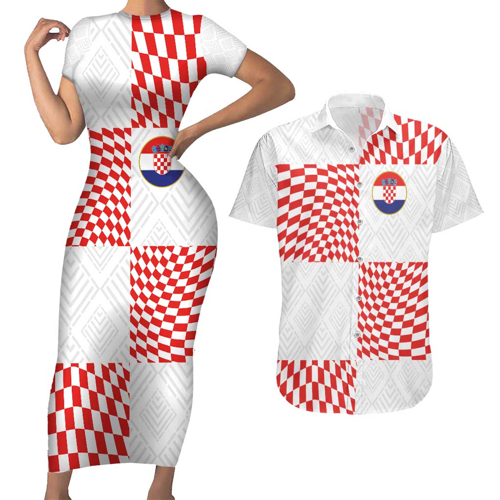 Custom Croatia Football Champion 2024 Couples Matching Short Sleeve Bodycon Dress and Hawaiian Shirt