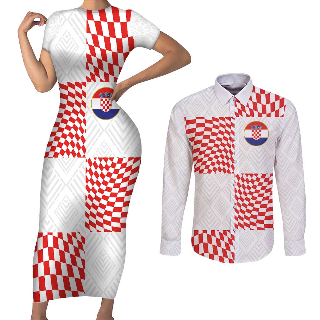 Custom Croatia Football Champion 2024 Couples Matching Short Sleeve Bodycon Dress and Long Sleeve Button Shirt