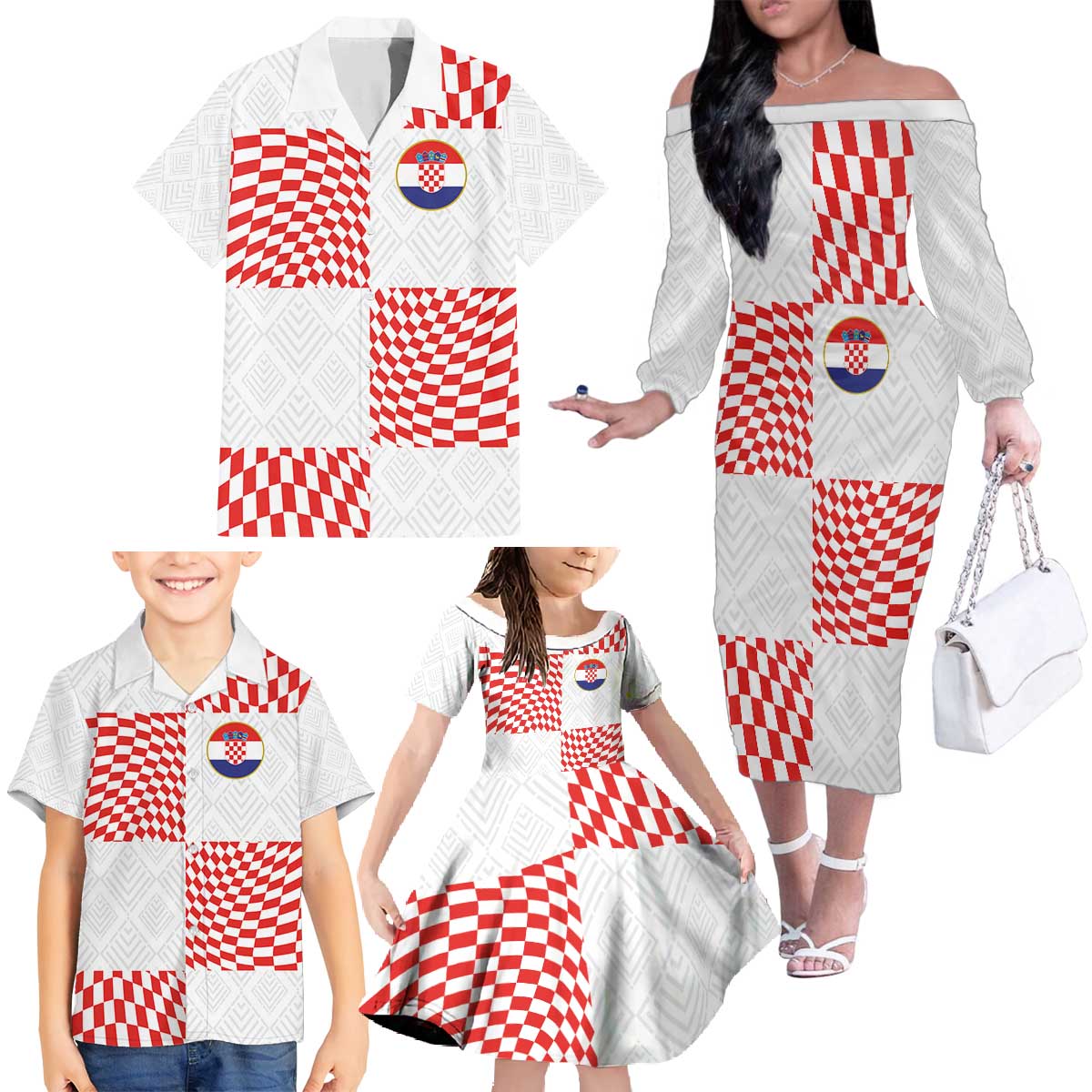 Custom Croatia Football Champion 2024 Family Matching Off The Shoulder Long Sleeve Dress and Hawaiian Shirt - Wonder Print Shop