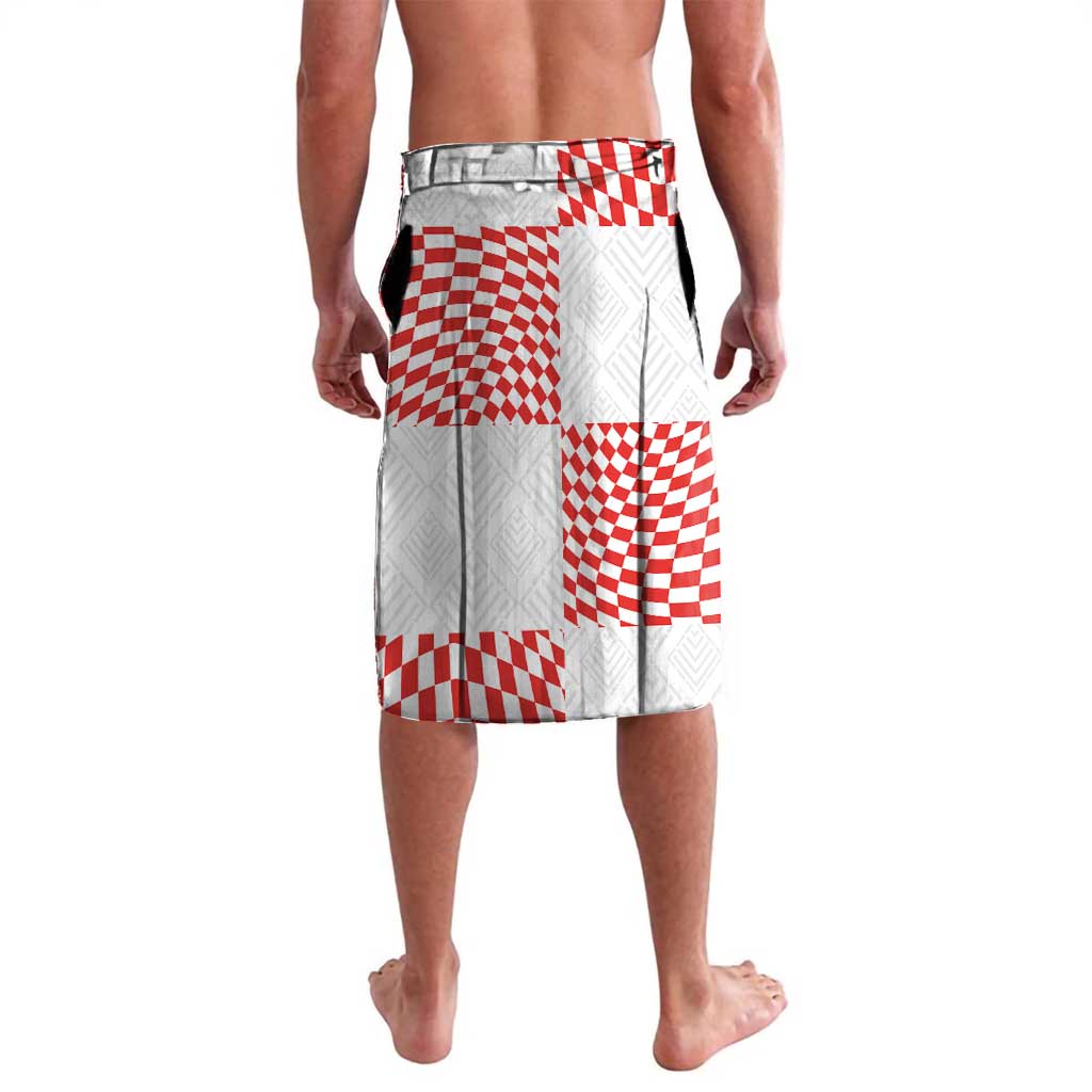 White and red checkered shorts with elastic waistband, back view