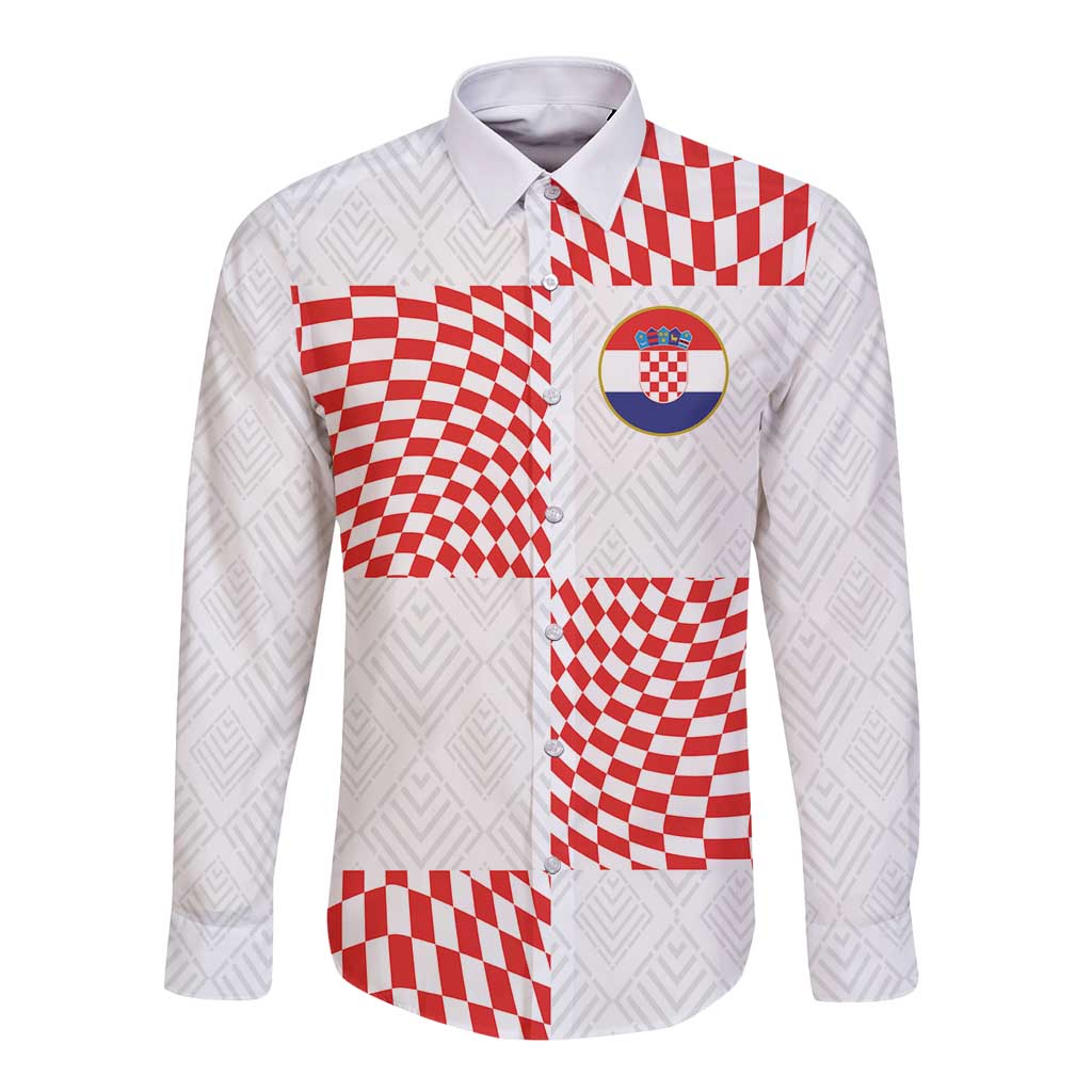White long-sleeve button shirt with red check panels and round crest on chest