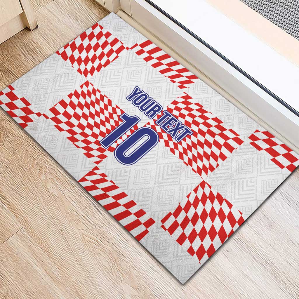 White rubber doormat with red checkered border, “YOUR TEXT” and large number 10