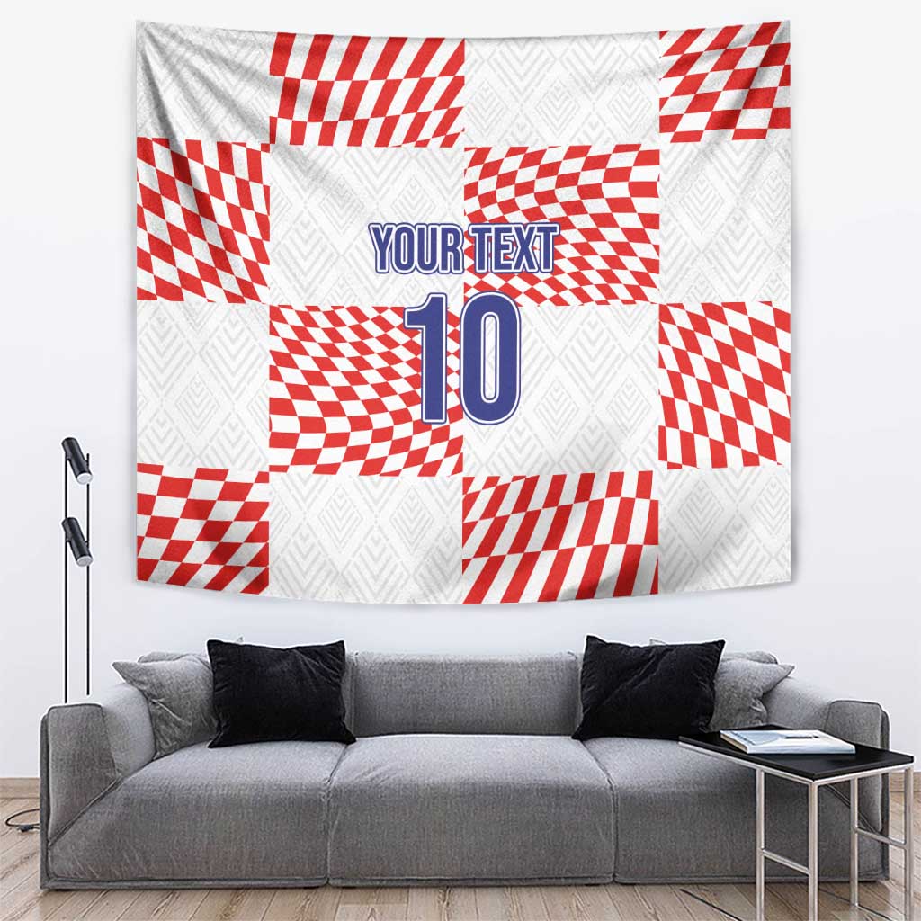 White and red checkered soccer banner tapestry with blue text and large number 10