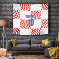 White and red checkered soccer banner tapestry with blue “YOUR TEXT” and number 10