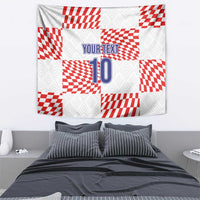 White and red checkered tapestry with centered blue “YOUR TEXT” and number 10