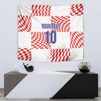 White and red checkered wall tapestry with blue “YOUR TEXT” and number 10
