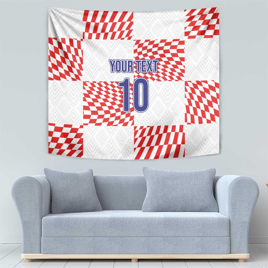 White and red checkered soccer tapestry featuring blue “YOUR TEXT” and number 10