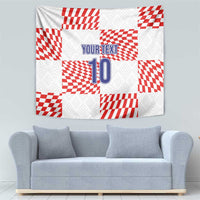 White and red checkered soccer tapestry featuring blue “YOUR TEXT” and number 10