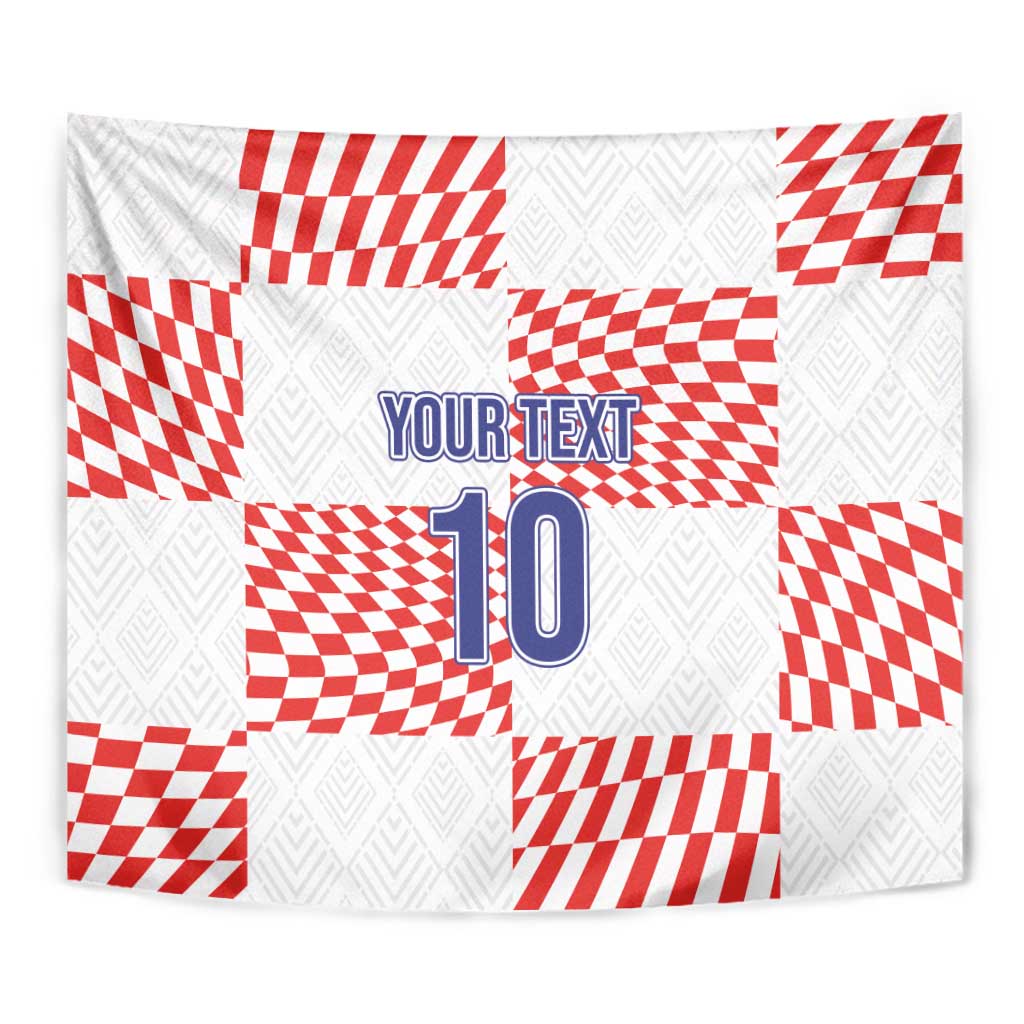 White and red checkered banner tapestry close-up with blue “YOUR TEXT” and number 10